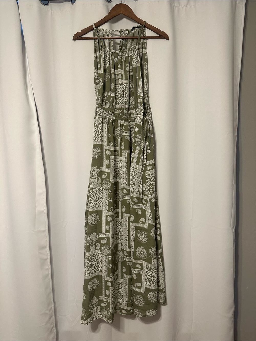 Jolie Olive Green and White Printed Halter Dress